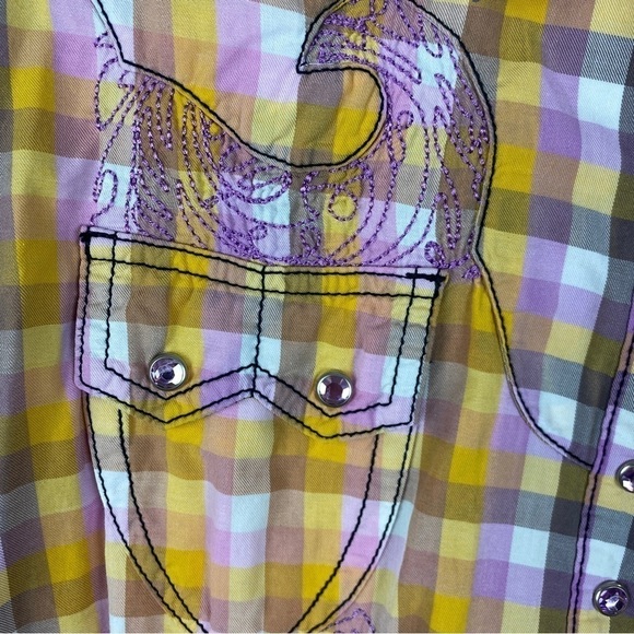 Wrangler Rock 47 Woven Sunbleach Plaid Snap Down Shirt Large Yellow Lilac - Picture 6 of 15
